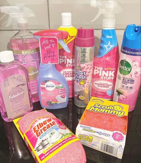 Bedroom Cleaning Products, House Cleaning Essentials, Pink Cleaning Products, Pink Cleaning Supplies, Apartment Cleaning Supplies, Pink Cleaning, Pink Apartment Decor, Apartment Fever, First Apartment Essentials