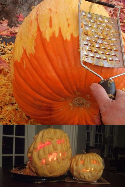 Scrap off the pumpkin skin. Carve drippy thingees on the face. Make it icky looking. Have some seed goo ooze out the side. Pumpkin Carve And Paint Ideas, Side Pumpkin Carving Ideas, Melting Pumpkin Face, Gory Pumpkin Carving, Pumpkin Throwing Up, Carvings Designs, Halloween Pumpkins Carvings Designs, Awesome Pumpkin Carvings, Pumpkin Idea