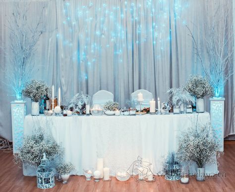 Winter Wonderland Sweetheart Table, Snowflake Wedding Theme, Blue Winter Wedding, Head Table Decor, Winter Wonderland Decorations, Sweetheart Table Wedding, Winter Fairy, Winter Wonderland Christmas, Winter Wonderland Wedding