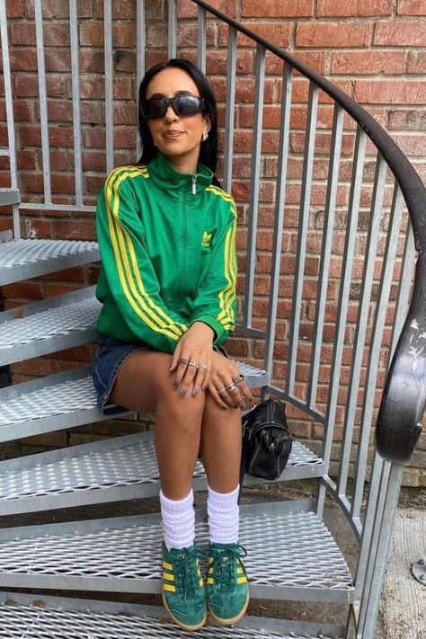 Colored Adidas Outfit, Green And Yellow Samba, Adidas Samba Green Yellow, Track Top Outfits, Adidas Spezial Green And Yellow, Green And Yellow Adidas, Adidas Track Top Outfit, Green Adidas Samba Outfit, Adidas Samba Yellow