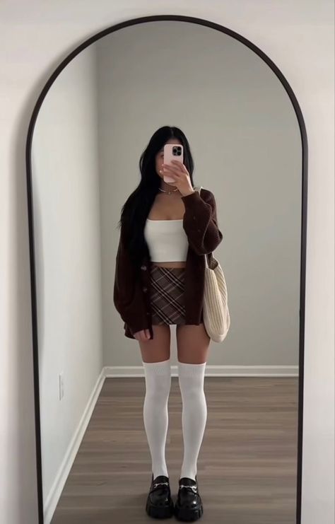 White Socks Outfit Aesthetic, Plaid Skirt Cardigan Outfit, Autumn Plaid Skirt, White Tank Top Fall Outfit, How To Style Brown Plaid Skirt, Plaid School Skirt Outfits, Brown Checked Skirt Outfit, Brown And White Skirt Outfit, Brown Skirt White Top Outfit