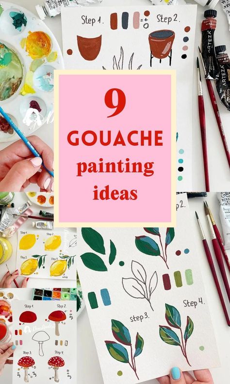 Beginner Gouache Painting Ideas, Gouache Mixing Chart, Painting With Gauche, Painting Practice Ideas, Gouache Paint Tutorial, Basic Gouache Painting, Gouache Painting Tutorials, Gauche Painting Ideas Simple, Cute Gouache Illustration