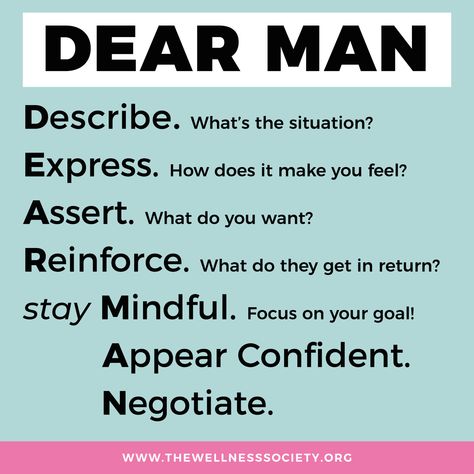 Marsha Linehan Dbt, Dear Man Dbt Worksheet, Dear Man Dbt, Therapeutic Classroom, Dbt Activities, Dear Man, Dbt Therapy, Interpersonal Effectiveness, Coping Skills Activities