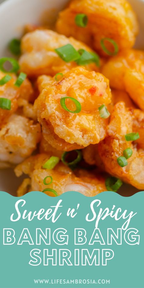 A Bonefish Grill copycat, this Sweet n' Spicy Bang Bang Shrimp is great for an appetizer or main dish. With crispy coated shrimp and a creamy chili sauce, this will be a hit with the whole family. Visit www.lifesambrosia.com to print the full recipe. Pow Wow Shrimp Recipe, Bambam Shrimp Recipe, Ruth Chris Spicy Shrimp Recipe, Dragon Shrimp Recipe, Shrimp Glaze Sauces, Red Lobster Sweet Chili Shrimp Recipe, Bam Bam Shrimp Recipe, Sweet Thai Chili Shrimp, Bam Bam Shrimp