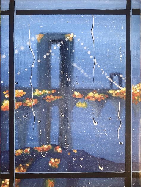 Looking through a rainy window at a bridge with glinted lights Window Canvas Painting Ideas, Rainy Window Painting, Window Sketch, Jacket Painting, Sustained Investigation, Rainy Window, Rain Window, Rainy Sky, Rainy City