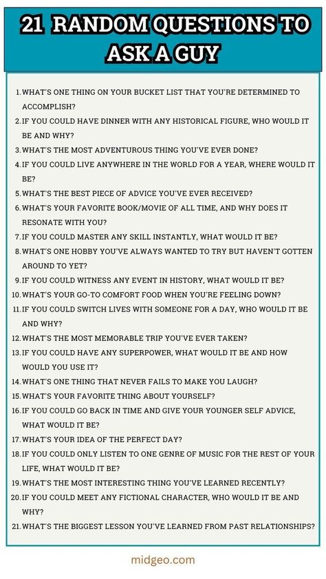 21 Questions To Ask Your Boyfriend, High Standards List For Guys, 21questions To Ask A Guy, Getting To Know Him Questions Dating, Online Dating Questions To Ask Guys, Interesting Questions To Ask A Guy, Creative Questions To Ask A Guy, Getting To Know You Questions Dating Conversation Starters, Text Conversation Starters