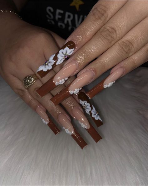 Long Brown French Tip Nails, Brown Acrylic Nails, Tapered Square Nails, Long Acrylic Nail Designs, Blue Acrylic Nails, Colorful Nails, Cute Acrylic Nail Designs, Glow Nails, Exotic Nails