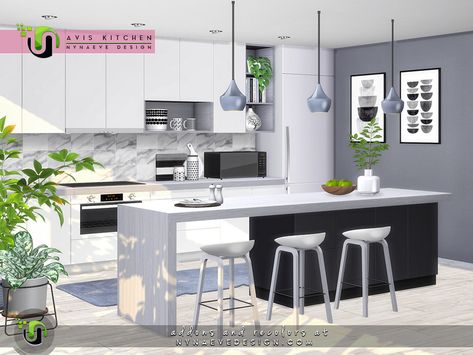 NynaeveDesign's Avis Kitchen Sims 4 Small Kitchen, Kitchen Ideas Sims, Kitchen Ideas Sims 4, Modern Loft Kitchen, Kitchen For Kids, Los Sims 4 Mods, Amazing Kitchens, Kitchen Floating Shelves, Sims 4 Kitchen