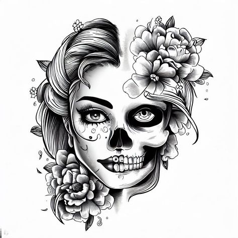 half woman half skull tattoo A tattoo design of a beautiful girl with half her face as a skull and the other half as face, flowers, Half Women Half Skull Tattoo, Half Skull Half Woman Face Tattoo, Best Friend Skull Tattoos, Female Sugar Skull Tattoo, Skull Woman Tattoo Design, Half Woman Face Tattoo, Half Face Tattoo Ideas, Womens Face Tattoo Design, Tattoos Of Women Faces