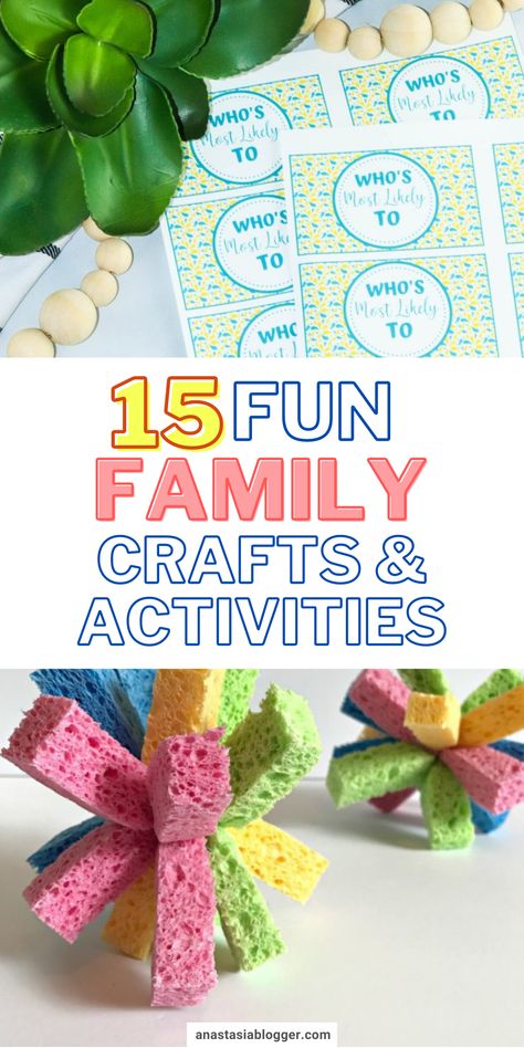 Are you and your family stuck indoors? Or maybe it's the holiday and everyone finally has some free time together. Here are 15 easy and fun family crafts and activity ideas to enjoy! #familycrafts #familygames Family Craft Activities, Family Craft Ideas, Friendship Crafts, Fun Icebreakers, Fun Outdoor Games, Board Games For Kids, Family Cards, Easy Activities, Fun Family Activities