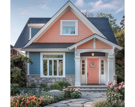 Peach Colored House Exterior, Peach House Exterior, Navy House Exterior, Orange Houses, Navy Houses, Charming Cottage, Orange House, Mural Wall, Paint Colour