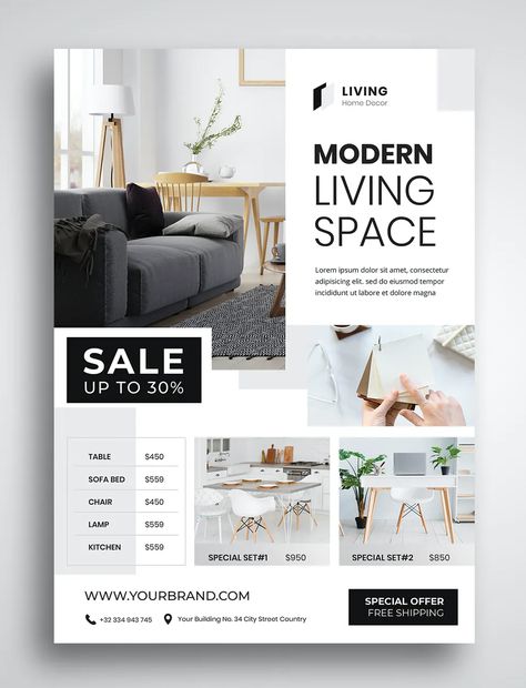 Modern Furniture Flyer Template PSD Furniture Advertisement, Furniture Design Template, Poster Furniture, Furniture Flyer Design Ideas, Furniture Pamphlet Design, Interior Design Fliers, Interior Flyer Design, Furniture Ads Design Poster, Furniture Flyer Design