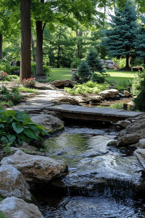 22 Innovative Backyard Stream Ideas (With Pictures) Water Creek Landscaping, Landscape Stream Ideas, Creek Garden Ideas, Backyard With Creek, Home Water Features Indoor, Natural Stream Landscaping, Waterfall Stream Backyard, Stream In Backyard, Natural Rock Water Feature