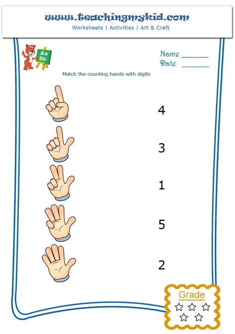 Printable kindergarten worksheets -Match objects with colours-1 Counting Hands, Math Activities For Kindergarten, Kindergarten Counting, Kids Math, Preschool Math Worksheets, Kids Worksheets Preschool, Activities For Kindergarten, Preschool Writing, Kindergarten Math Activities