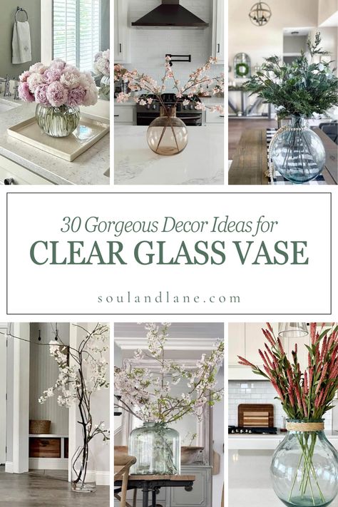 Unleash the translucent charm of clear glass vases with our decor ideas, turning simple vessels into stunning centerpieces. These versatile beauties can be filled with everything from lush bouquets and floating candles to intricate layers of colored sand or pebbles. Imagine a sleek, modern dining table featuring a lineup of slender clear vases, each hosting a single, bold flower stem. Or, create a whimsical arrangement with varying vase heights, filled with twinkling fairy lights, to cast a soft Flowers In Clear Glass Vases, Clear Vase With Branches, Big Glass Vase Decorating Ideas, Glass Centerpieces Dining Table, Modern Vase Arrangement, Dining Table Flower Vase, How To Decorate A Large Glass Vase, Clear Cylinder Vase Ideas, Round Glass Vase Decor Ideas