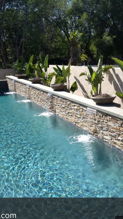 Pool Shear Wall Idea Natural Swimming Pool Designs, Pool Travertine, Pool Waterfalls, Pool Features, Pools Backyard Inground, Swimming Pool Landscaping, Pool Water Features, Swimming Pool Ideas, Pool Renovation