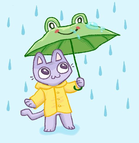 Raincoat Drawing, Cat Drawings, Cute Cat Drawing, Purple Cat, Cat Drawing, Rainy Days, Spring Time, Cute Cat, Pikachu