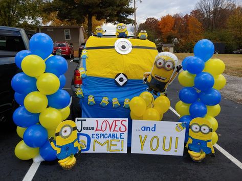 Balloon pillars, dollar tree foam board signs, dollar tree table cloths. Christian Truck Or Treat Ideas For Cars, Minion Trunk Or Treat Ideas For Trucks, Minions Trunk Or Treat Ideas, Despicable Me Trunk Or Treat, Minions Trunk Or Treat, Minion Trunk Or Treat Ideas, Church Trunk Or Treat Ideas For Suv, Minion Trunk Or Treat, Christian Trunk Or Treat Ideas For Cars