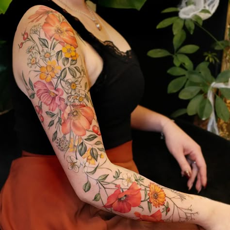 Color Floral Half Sleeve Tattoo, Flowers Arm Tattoo For Women, Floral Color Tattoo, Wildflower Tattoo Sleeve, Floral Sleeve Tattoos For Women, Floral Sleeve Tattoo, Wildflowers Tattoo, Floral Arm Tattoo, Vintage Flower Tattoo