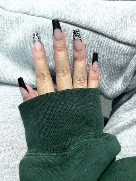 Spider Web Nails Acrylic, Black French Tip Nails With Spider Web Accent, Spider Web Acrylic Nails, Black Spider Nail Design, Black Spider Web Nails Acrylic, Spider Web Nails Coffin, Spider Web Nails, Black Acrylic Nails Coffin Spider Web, Black Spider Web Nails Coffin