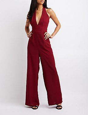 Halter V-Neck Jumpsuit Red Halter Jumpsuit, Cocktail Jumpsuit, Red Halter Top, Nigerian Dress, Satin Romper, Red Romper, Elegant Maxi Dress, Red Jumpsuit, Halter Neck