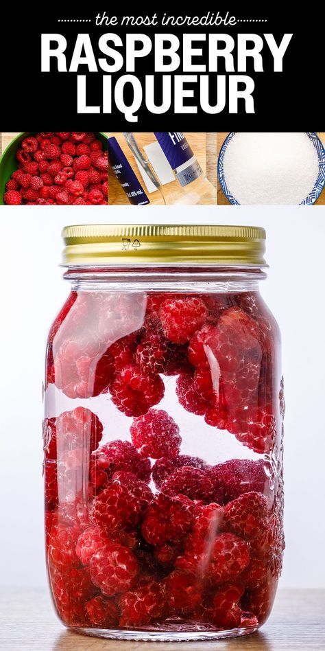 If you're looking for a super easy (and yummy) raspberry infused vodka to use in cocktails or just drink by itself, this raspberry liqueur recipe is the bomb. Raspberry Infused Vodka, Raspberry Wine Recipe, Raspberry Liquor, Homemade Liqueur Recipes, Mexican Sweets, Raspberry Desserts, Homemade Liquor, Liquor Recipes, Recipes Restaurant