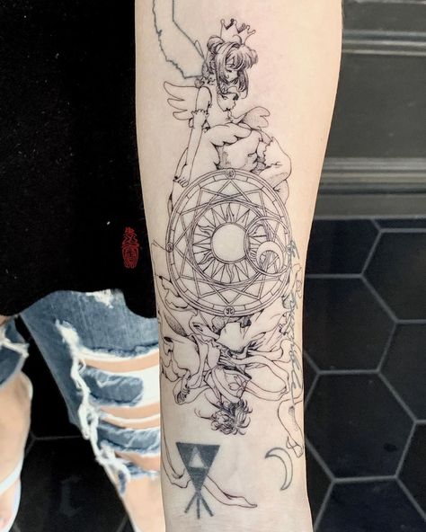 Sai (/sigh/) on Instagram: “Sakura from Cardcaptor Sakura, Sakura from Tsubasa and Clow magic circle for Marevi.” Cardcaptor Sakura Sakura, Sakura Tattoo, Sakura Card Captor, Circle Tattoo, Circle Tattoos, Kawaii Tattoo, Wolf Tattoo Design, Sweet Tattoos, Irezumi Tattoos