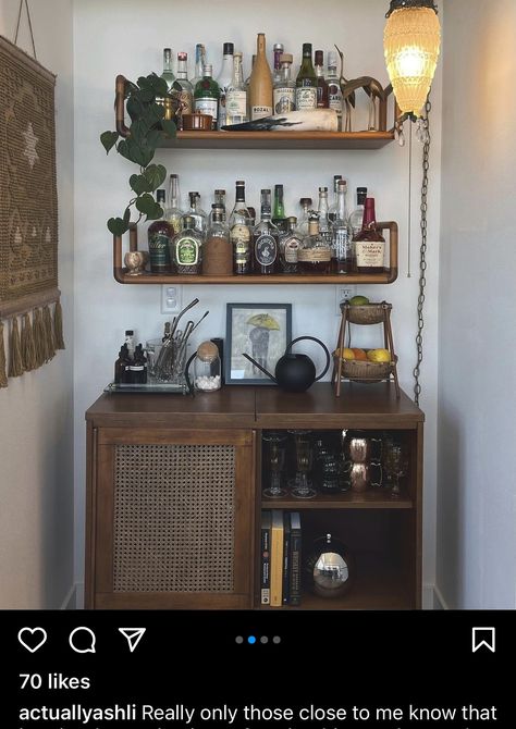 Shelves Over Bar Cabinet, Boho Bar Area In Home, Coffe Corners Ideas Living Room, Unique Home Bar Designs, Kitchen Alcohol Bar Ideas, Coffee Station Home Ideas, Diy Bourbon Bar, Bar Corner In Living Room, Mini Bar Nook