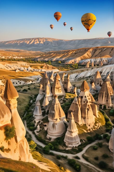 Magical Cappadocia morning! ☀️ Hot air balloons soar over fairy chimneys in this stunning ultra HD image. #Cappadocia #travel #hotairballoon #beauty #makeup #lifestyle Surreal Landscape, Makeup Lifestyle, Cappadocia Turkey, Travel Landscape, Perfect Morning, Earth Art, Breathtaking Beauty, Turkey Travel, Hot Air Balloons