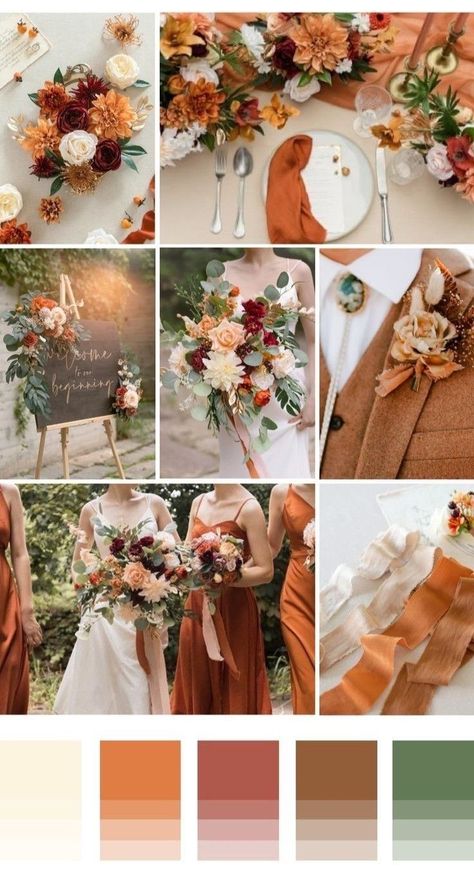 Orange Wedding Themes, Orange Wedding Colors, Fall Wedding Color Schemes, Rusting Wedding, Wedding Color Pallet, Fall Wedding Color Palette, Burnt Orange Weddings, Sage Wedding, Wedding Themes Fall