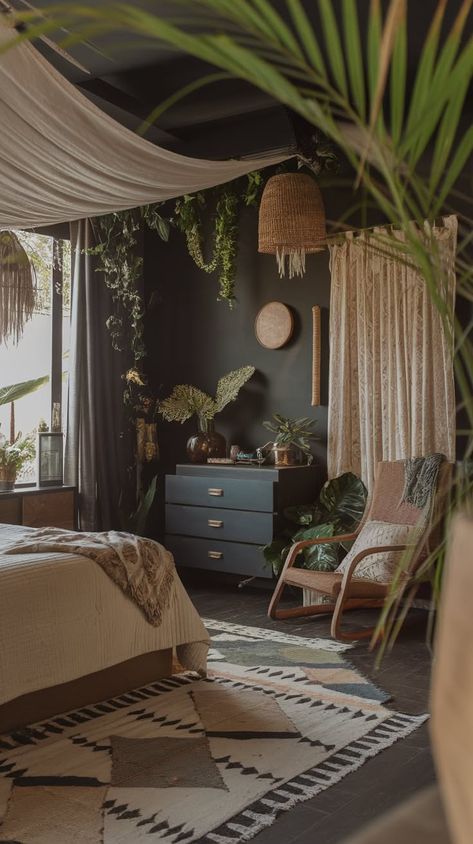 40+ Dark Boho Bedroom Ideas Instagram Can't Handle Jungle Boho Bedroom, Modern Witchy Bedroom, Jungle Bedroom Ideas For Adults, Dark Cottagecore Aesthetic Bedroom, Dark Bedroom Ideas Cozy, Boho Jungle Bedroom, Dark Boho Bedroom Ideas, Boho Western Bedroom, Cottagecore Aesthetic Bedroom