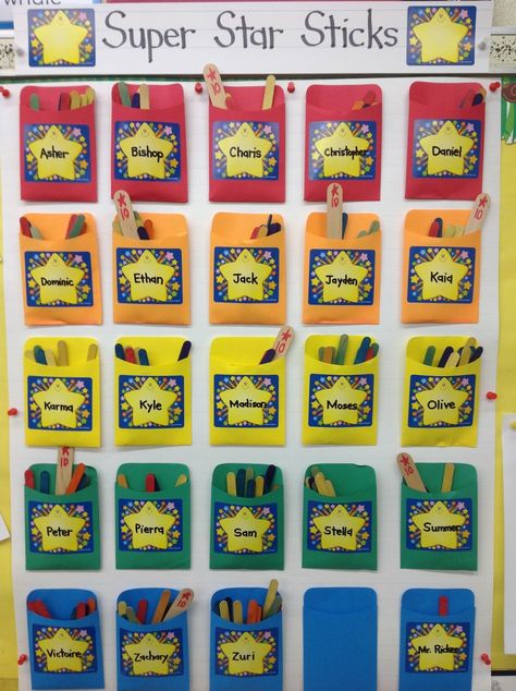 The Ricker Report: Super Star Sticks Reward Chart For Kindergarten, Popsicle Stick Reward System, Popsicle Stick Behavior System, Reward Wall Classroom, Reward Board Classroom, Behaviour Chart For Kindergarten, Star Chart Ideas, Reward Chart Ideas For Classroom, Reward Chart Kids Classroom