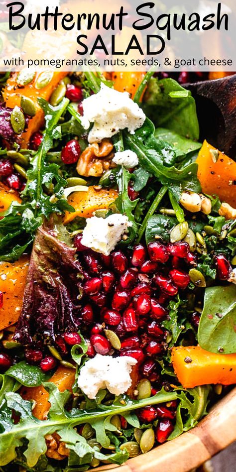 Salad With Butternut Squash Goat Cheese, Fall Salads With Pomegranate, Pomegranate Salad Recipes Thanksgiving, Pomegranate Walnut Salad, Christmas Salad With Pomegranate Seeds, Butternut Squash Goat Cheese Salad, Fall Salad Pomegranate, Pomegranate Goat Cheese Salad, Thanksgiving Salad With Pomegranate