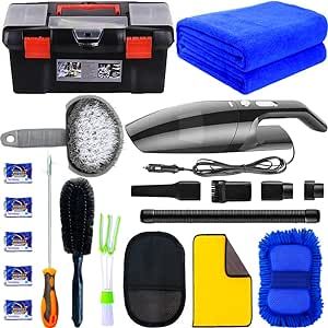 Including 1 Car vacuum, 1 Car Wash Sponges，1 Car Wash Mitt, 2*Microfiber car Towel, 1 Car wheel brush with handle,1 Car tire brush, 1cleans up rocks hook ，1 Mini Duster for Car Air Vent ，1Plastic storage box,5*Glass washer cleaning tablets Cleaning Leather Car Seats, Car Detailing Interior, Car Care Kit, Car Wash Mitt, Car Cleaning Kit, Interior Detailing, Vehicle Care, Cleaning Tablets, Car Vacuum Cleaner