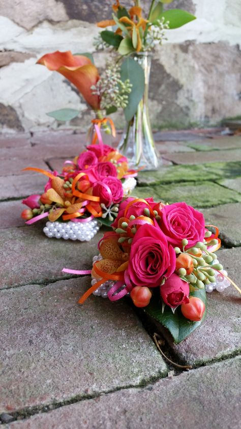 Blossom Bliss Florist Wrist Corsage: bright pink+orange Bright Pink Corsage Prom, Pink Orange Corsage, Bright Wrist Corsage, Hot Pink And Orange Corsage, Bright Pink Prom Bouquet, Pink And Orange Corsage, Bright Pink Corsage, Hoco Accessories, Succulent Corsage