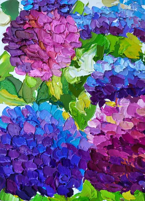 Knife Painting Oil On Canvas, Flower Art Painting Abstract, Hydrangeas Painting, Pallet Knife Painting, Lavender Painting, Hydrangea Wall, Hydrangea Wall Art, Painting Knife, Blossom Painting