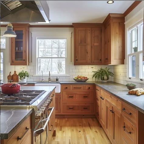 5 Ways to Update Cherry Wood Cabinets White Cabinets With Wood Countertops, Cabinets With Wood Countertops, Cherry Wood Kitchen Cabinets, Cherry Wood Kitchens, Cherry Wood Cabinets, Kitchen Cabinets White, White Tile Backsplash, Maple Kitchen, Cherry Kitchen