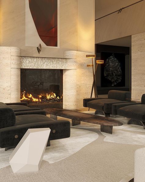 Interior design & Architecture | An ideal setting for intimate conversations unfolds in the glow of a colossal fireplace. Floor lamp and side table by… | Instagram Tuscany House Interior, Lobby Design Residential, Entrance Lobby Design, Contemporary Fireplaces, Fireplace Floor, Tuscany House, Coffee Table Design Modern, Minimal Living Room, Modern Living Room Interior