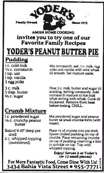 The most AMAZINGLY DELICIOUS Peanut Butter Pie. It's the recipe from Yoder's Amish Restaurant in Sarasota, FL. It's out of this world good. Try it, if you don't believe me! Amish Village, Peanut Butter Pie Recipe, Butter Pie Recipe, Mennonite Recipes, Cold Desserts, Peanut Butter Pie, Amish Recipes, Dutch Recipes, Butter Pie