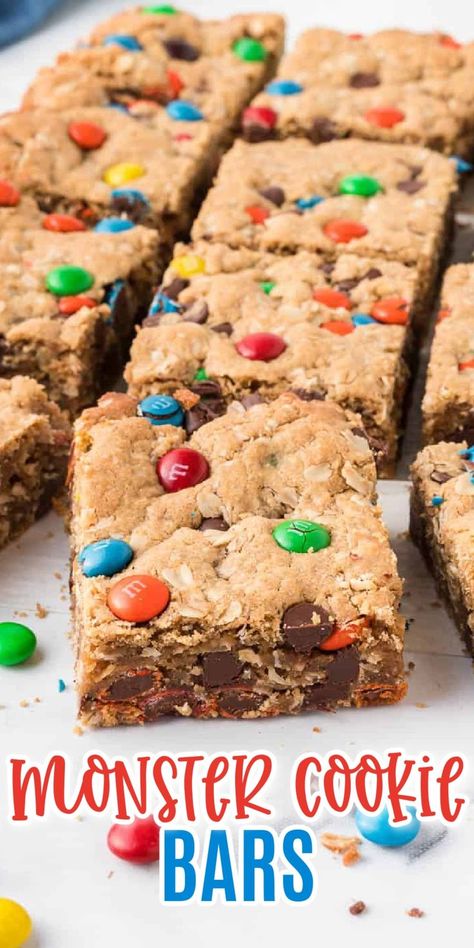 Everyone goes crazy for monster cookie bars! they're a classic desser that you just can't go wrong with Monster Bar Cookies, Cookie Monster Bars, 13x9 Cookie Bars, Sheet Pan Monster Cookie Bars, Monster Bars With Oatmeal, Monster Bars Recipe, Monster Cookies Bars, Monster Cookie Cake, Semi Healthy Desserts