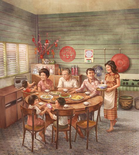 Year Album Cover, Chinese Illustration Art, Chinese Family Dinner, Chinese New Year Painting, Album Cover Illustration, Chinese New Year Illustration, Year Album, Flower Dress Art, Chinese Family