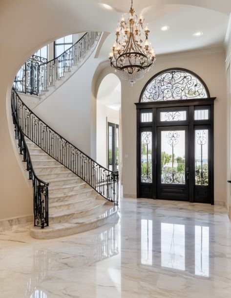 50 Foyer Design Ideas To Transform Your Home's Entrance French Contemporary Entryway, Dream House Foyer, Grand Home Entrance, Front Door Entrance Interior Foyers, Entry Way Ideas With Stairs, Double Height Entrance Foyer, Grand Foyer Ideas Entryway, Grand Entrance Ideas, Foyer Floors