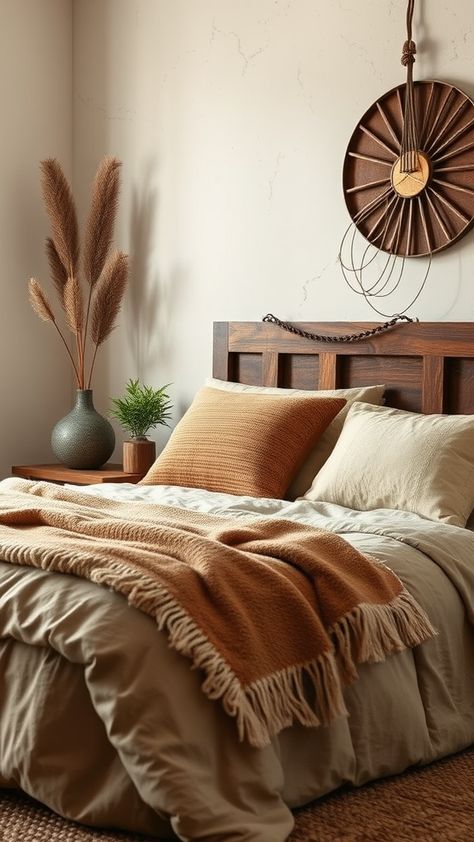 Stylish Earthy Bedroom Decor Aesthetic using Earth-Toned Bedding- Transform your sleeping space into a tranquil haven with over 25 earthy bedroom decor aesthetic ideas, blending natural elements with soothing color palettes to create a harmonious and inviting atmosphere. Discover how to incorporate organic textures, sustainable materials, and earthy tones to elevate your bedroom into a serene retreat inspired by nature. Earthy Bedroom Aesthetic, Earthy Bedroom Decor, Bedroom Decor Aesthetic, Throw Pillow Combinations, Fall Throw Blanket, Black Bathroom Decor, Calm Color Palette, Earthy Decor, Boho Christmas Decor