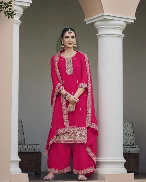 👉Rani Pink Color Real Georgette Fabric Palazzo Suit 👉For More Details WhatsApp : +919978885114 👉www.fabdealvilla.com 👉COD Available 👉Free Shipping 👉Wholesale Rate 👉Quality Guaranteed Hot Pink Indian Outfit, Pink Indian Outfit, Rani Pink, Lehenga Gown, Gown Suit, Georgette Dupatta, Fabric Embroidery, Pink Suit, Work Suits