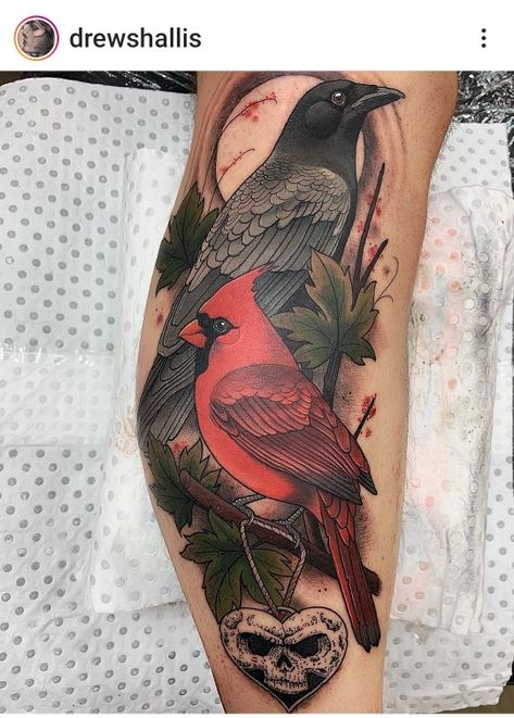 Alexisonfire Tattoo, Bluejay Tattoo, Caterpillar Tattoo, Neat Tattoos, Cardinal Tattoo, Crow Tattoo Design, Cardinal Tattoos, Country Tattoos, Full Tattoo