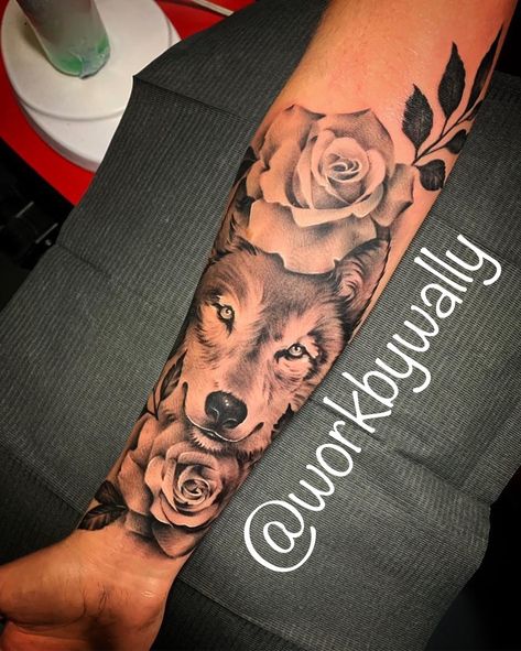 Wolf And Rose Tattoo Design, Wolf Tattoo For Women Half Sleeves, Wolf And Roses Tattoo, Wolf With Flowers Tattoo, Wolf And Rose Tattoo, Wolf Rose Tattoo, Wolf Tattoos For Women, Mother Nature Tattoos, Mens Shoulder Tattoo