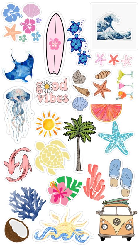 Iphone Stickers Aesthetic, Random Stickers Printable, Diy Sticker Ideas, Summer Vibes Stickers, Island Stickers, Hawaii Stickers, Beach Stickers, Idea Sticker, Phone Craft