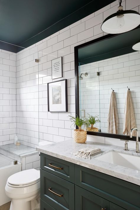 Check out this contemporary bathroom with white subway tiles and dark grout accents on HGTV.com. Tarrytown Green, Glam Bathroom Vanity, Vintage Glam Bathroom, Bathroom Vanity Ideas, Dark Green Bathrooms, Glam Bathroom, Green Vanity, Dark Bathrooms, Bathroom Redesign