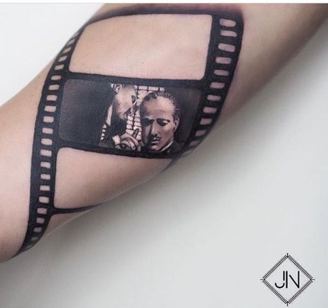 Film Strip Tattoo, Camera Film Tattoo, Strip Tattoo, Cinema Tattoo, Godfather Tattoo, Pop Culture Tattoos, Camera Tattoos, Think Tattoo, Culture Tattoos