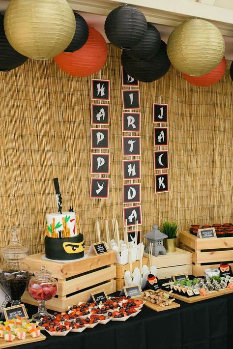 Diy Ninja Party Decorations, Samurai Theme Party, Ninja Birthday Food Ideas, Samurai Birthday Party, Sushi Party Food Ideas, Japan Birthday Party, Jujutsu Kaisen Birthday Party Ideas, Hibachi Party Ideas At Home, Hibachi Birthday Party Ideas